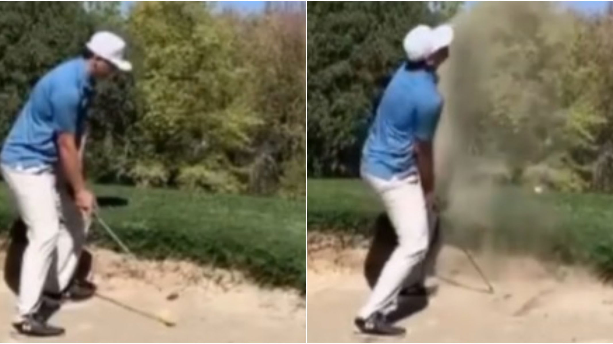 WATCH: Player gets SMASHED IN THE FACE as he attempts a routine bunker shot